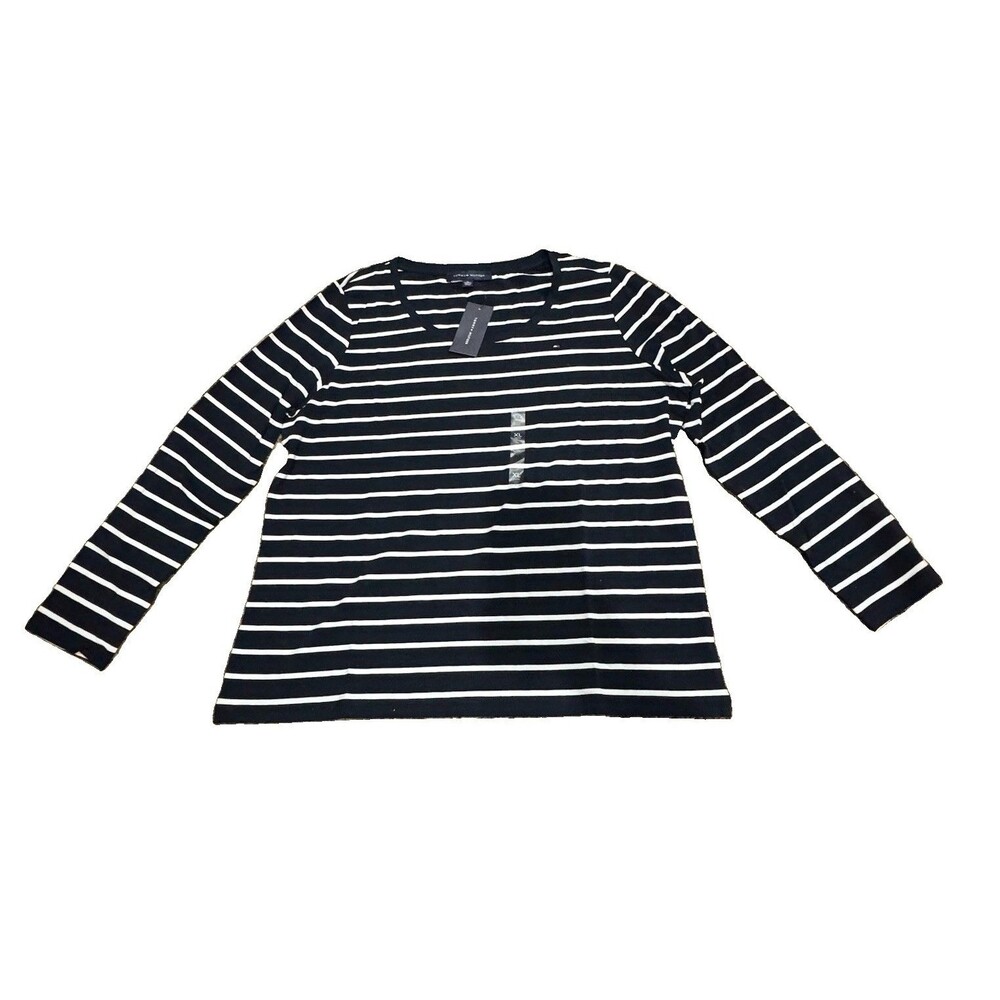 Tommy Hilfiger Women's Navy White Striped Crewneck Long Sleeve Shirt sz L NWT